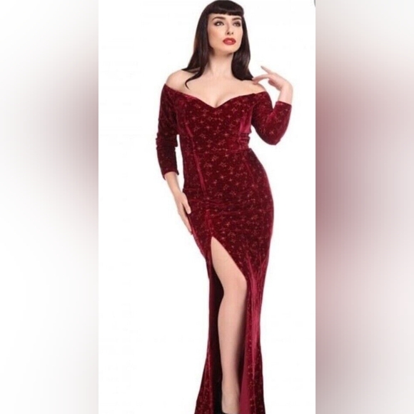 collectif red velvet dress Collectif Anjelica Velvet Maxi-dress Wine Red UK20 BNWT RRP80